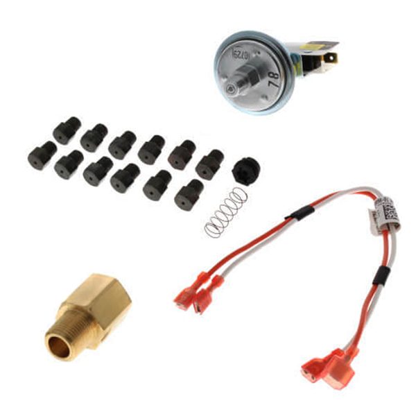 LP conversion kit: burner orifices, gas valve spring, pressure switch and wire harness