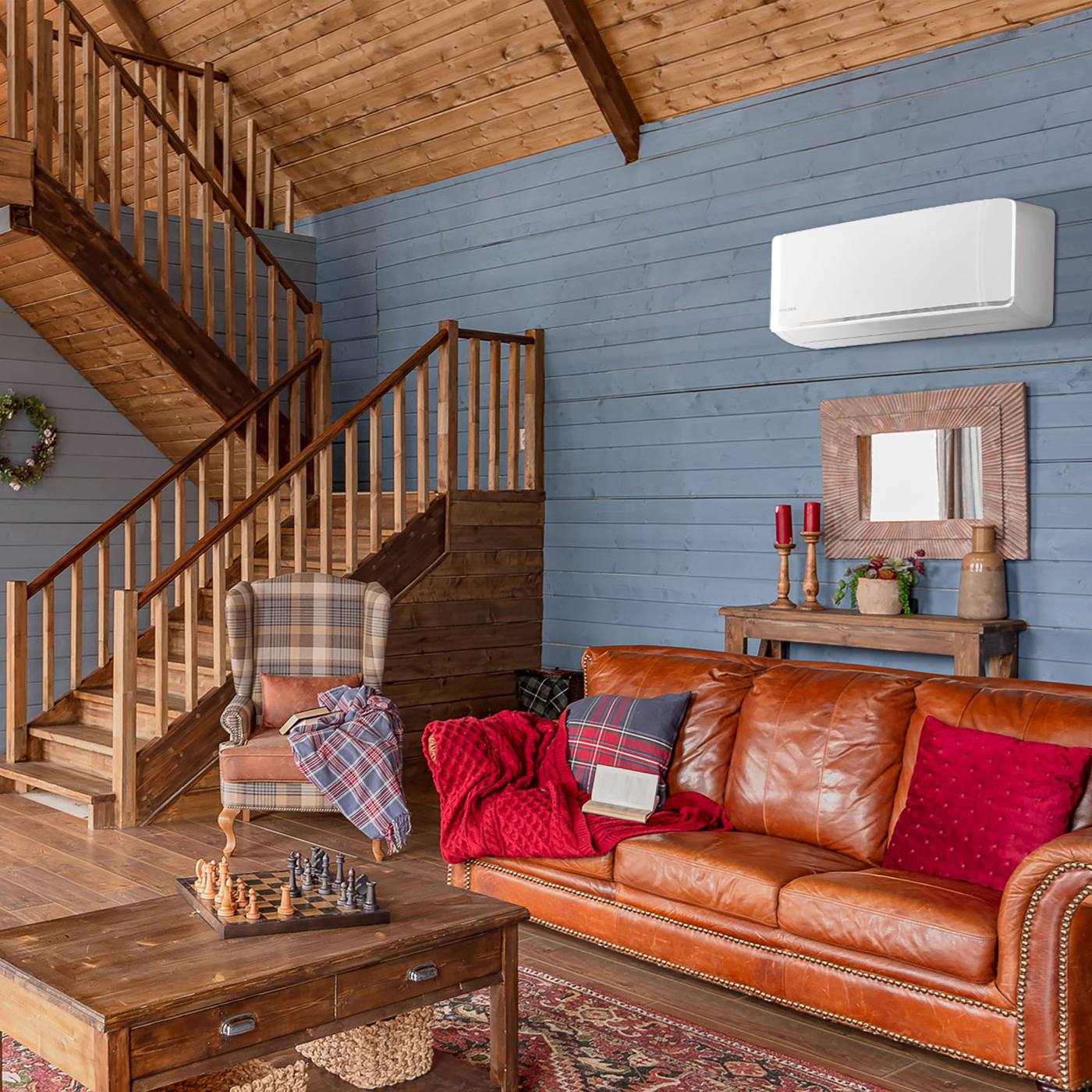 MRCOOL wall-mounted mini-split installed in a wood cabin living room