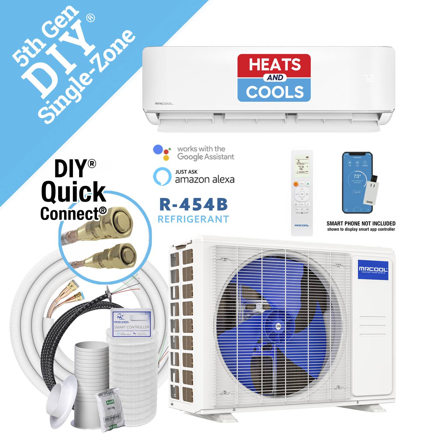 MRCOOL 5th Gen DIY single-zone system, indoor and outdoor units with included line set and Quick Connect fittings